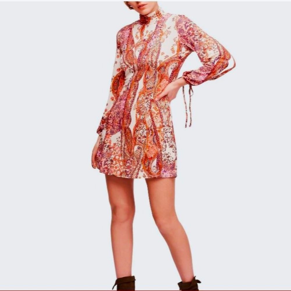 Free People FP All Dolled Up Mini Knit Dress Ivory Paisley Cutout Back Long Slv
